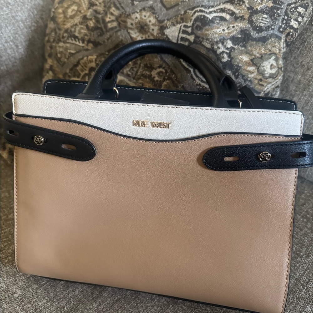 Nine West Tricolor Structured Satchel in Tan, White & Black